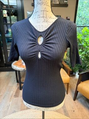 ba&sh Black Ribbed Keyhole Short Sleeve Tee